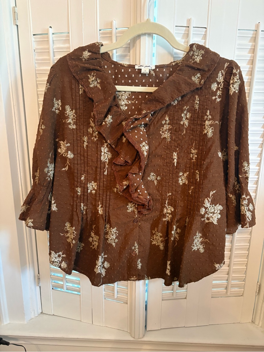 Ultra Pink Brown Floral Ruffle-Front Blouse